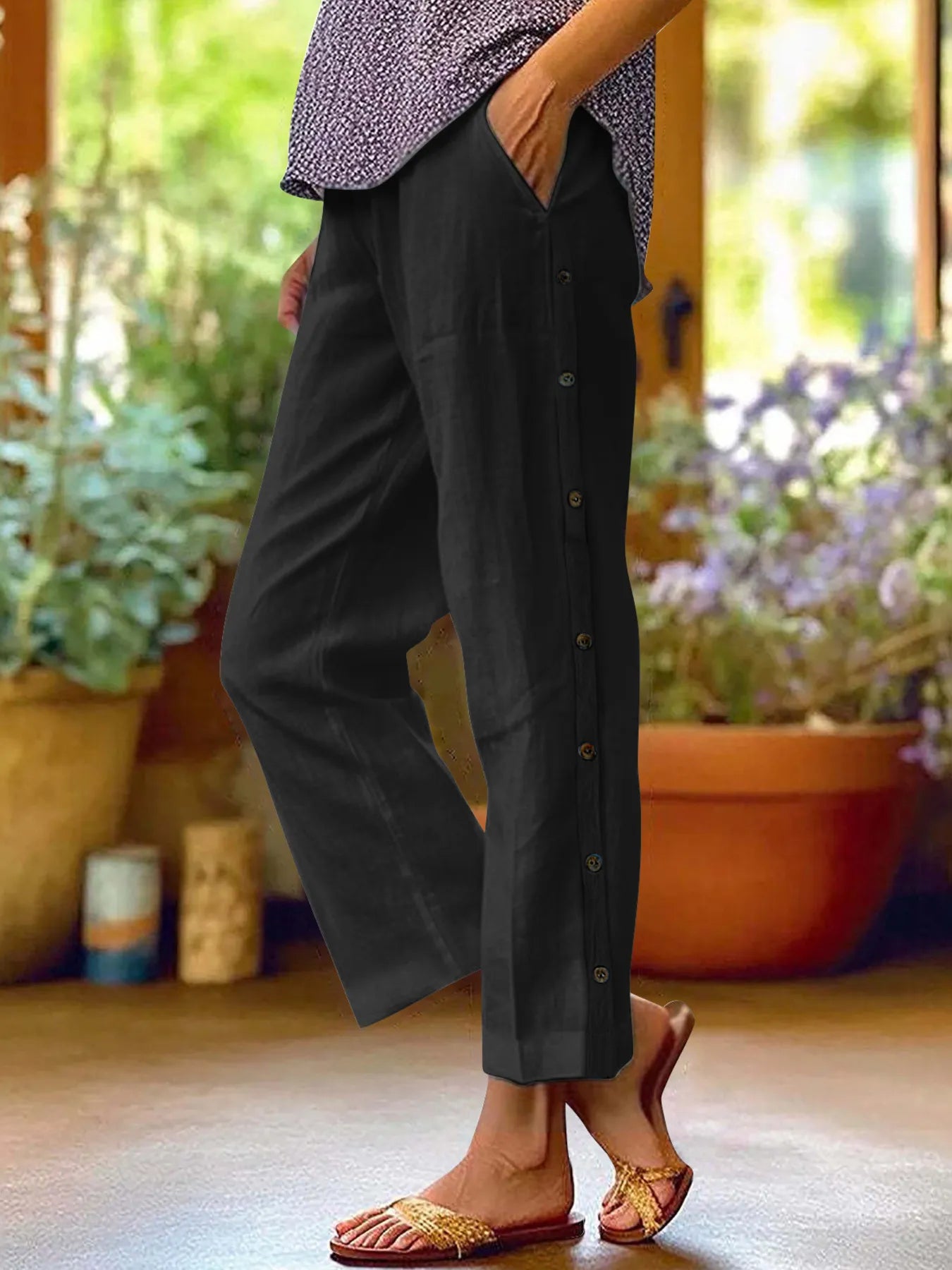 Full Size Side Decor Button Casual Wide Leg Pants Plus Size