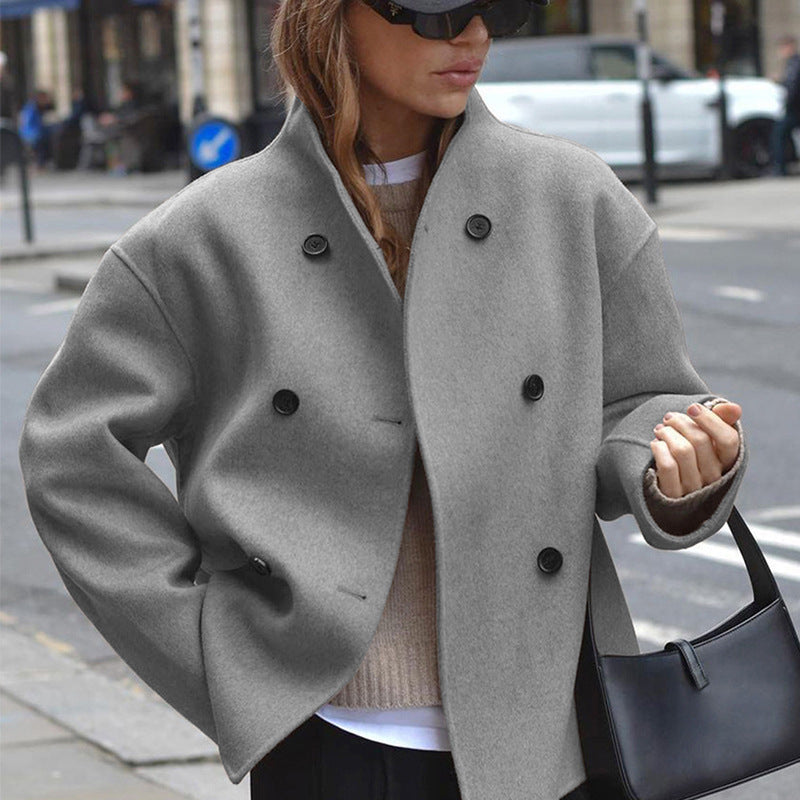 Women's Casual Double Breasted Solid Color Woolen Overcoat Coat