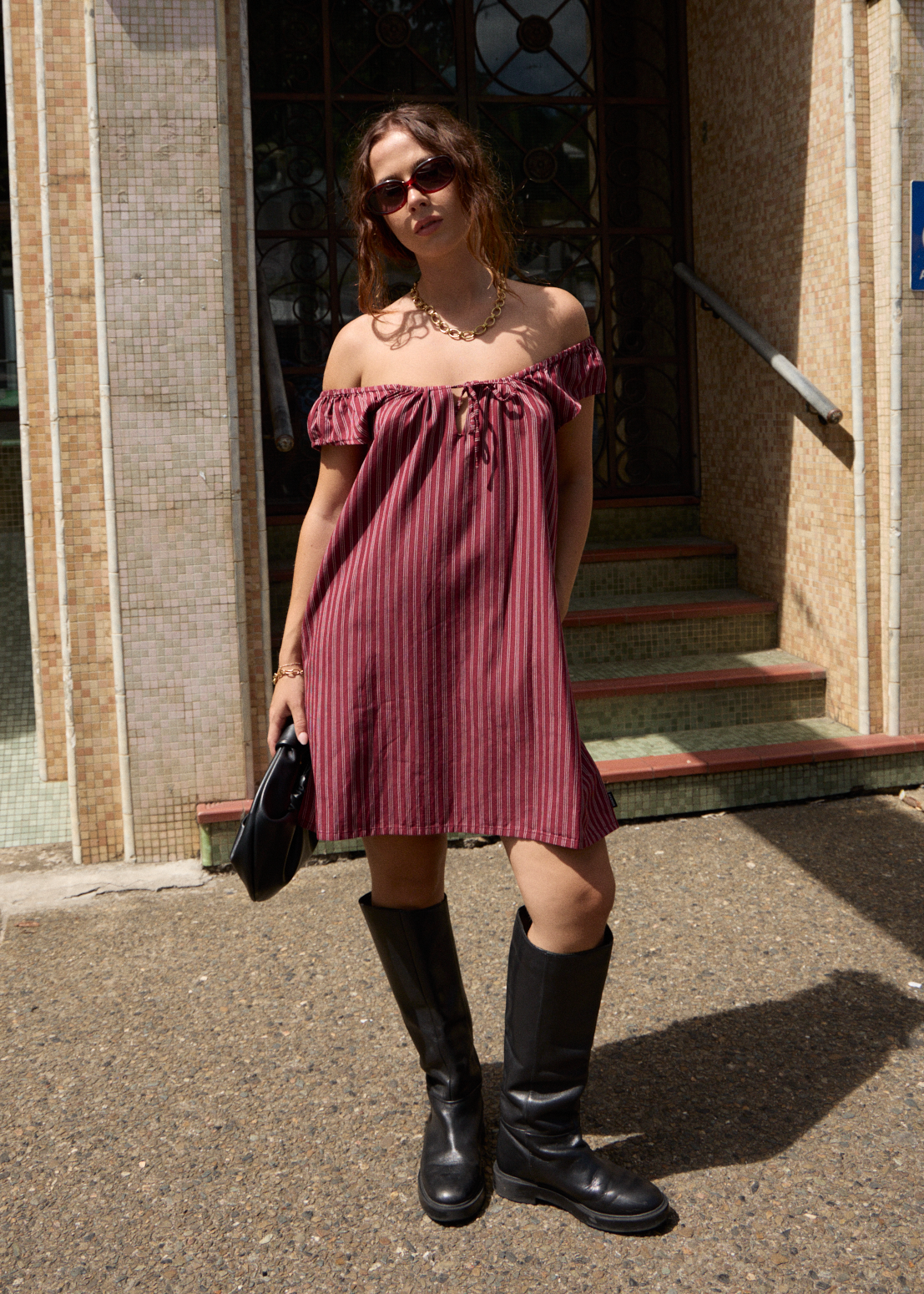 AFENDS Womens Ledger - Mini Dress - Burgundy Stripe