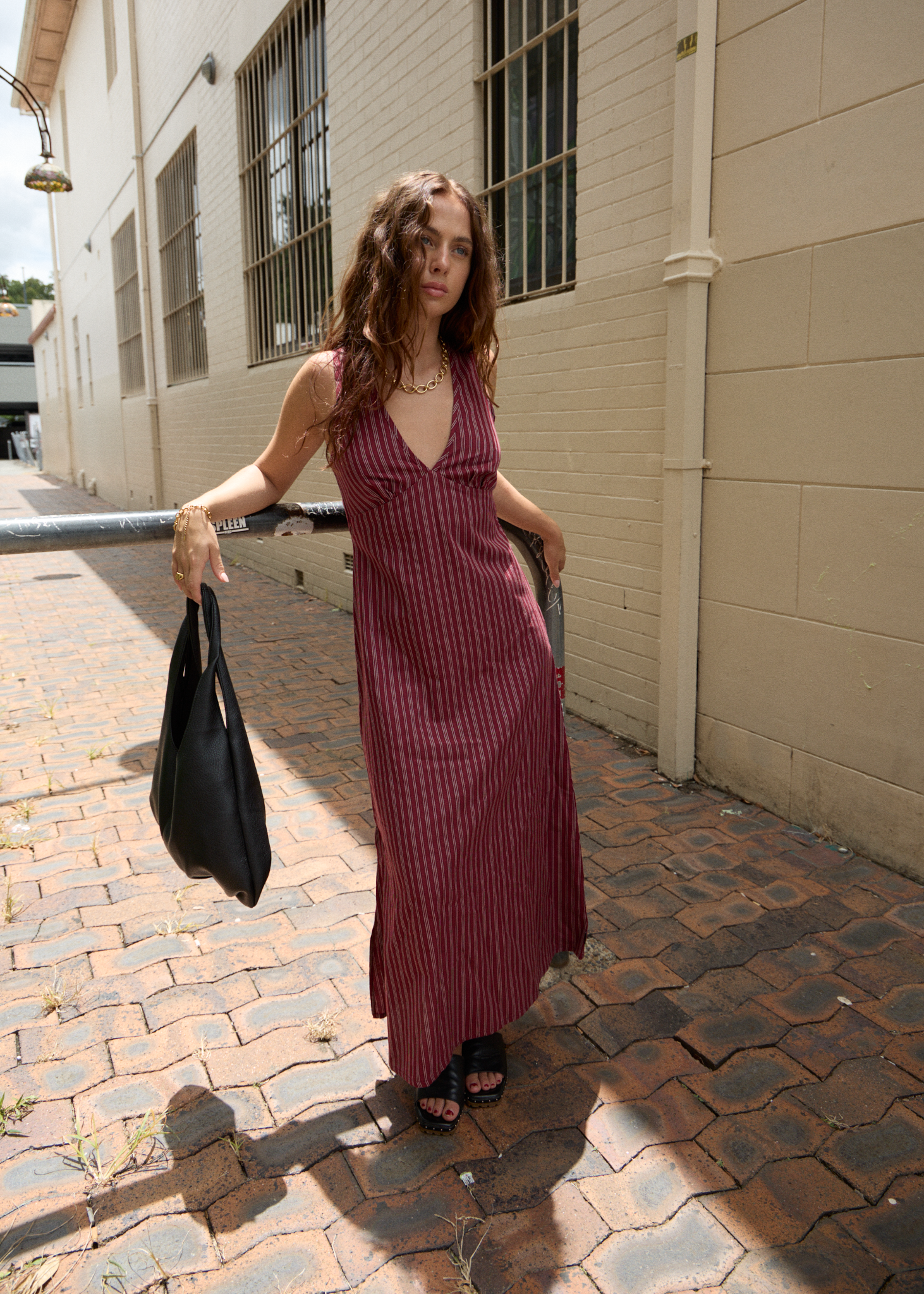 AFENDS Womens Ledger - Maxi Dress - Burgundy Stripe