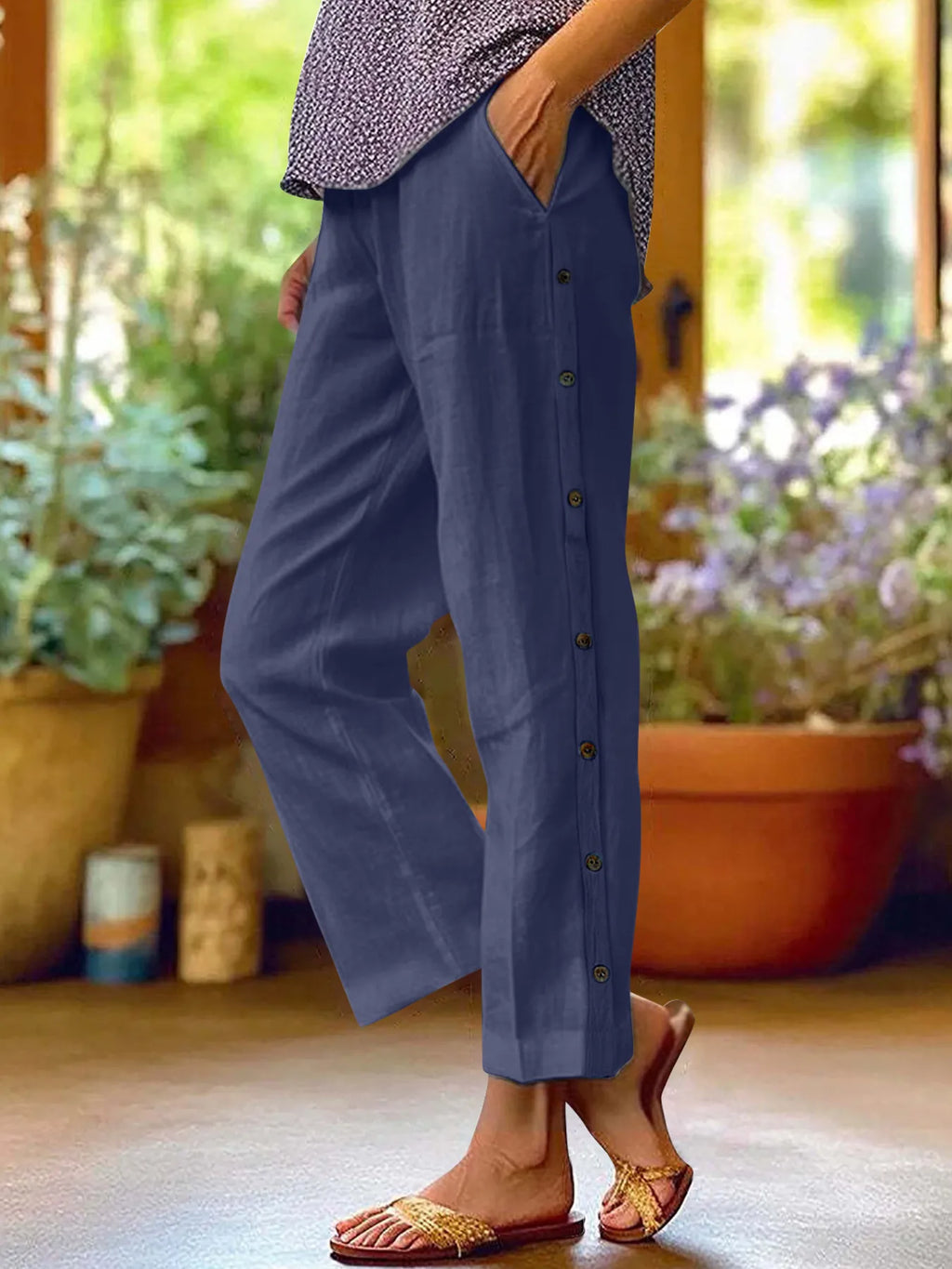 Full Size Side Decor Button Casual Wide Leg Pants Plus Size