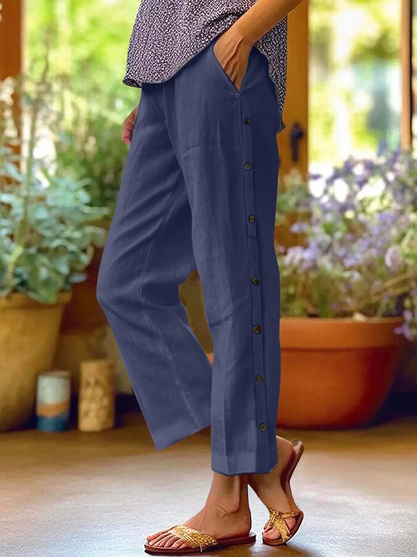 Full Size Side Decor Button Casual Wide Leg Pants Plus Size