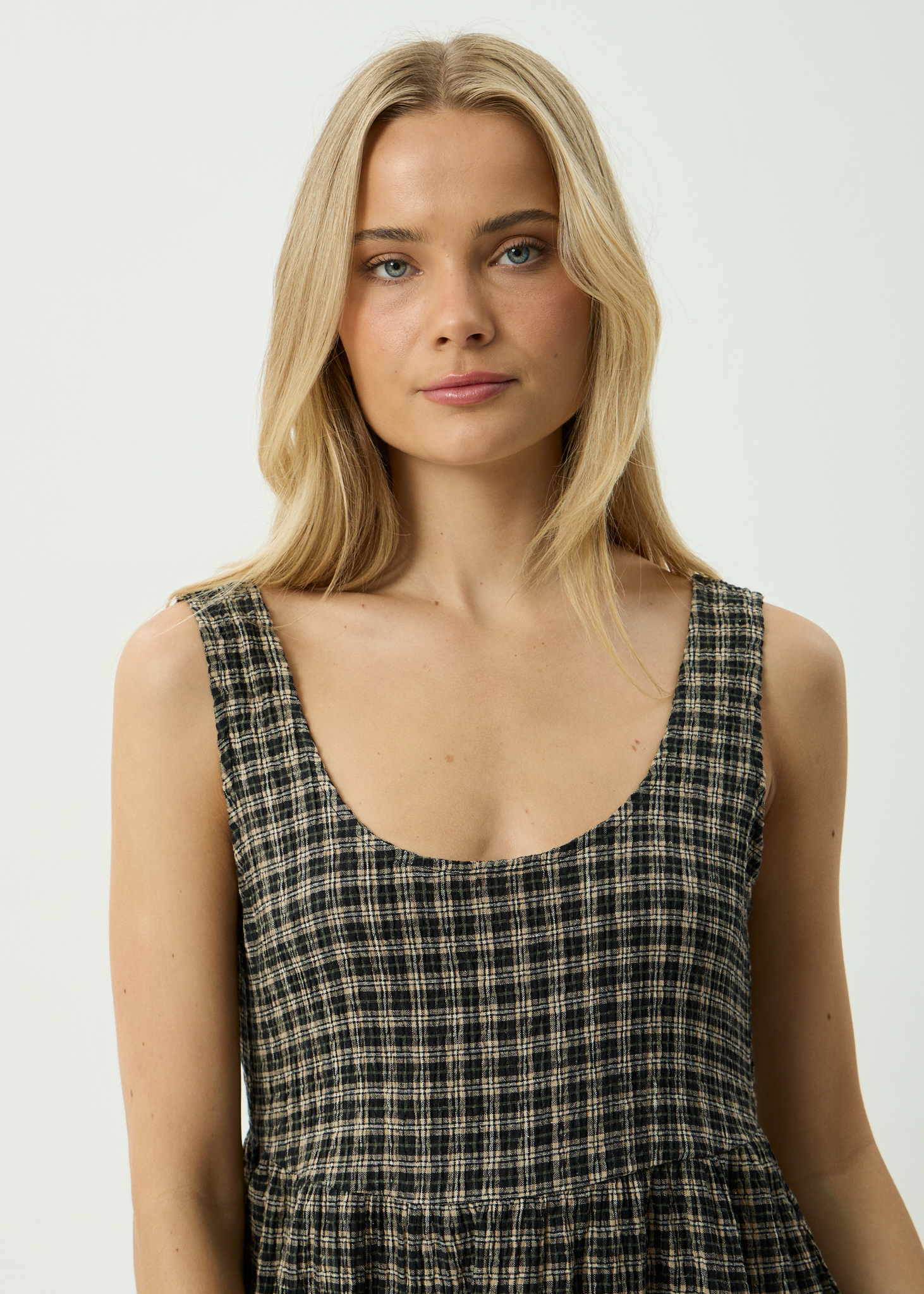 AFENDS Womens Jesse -  Seersucker Mini Dress - Tan / Olive Check