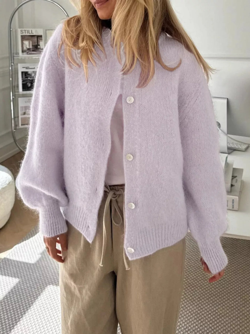 Button-Front Round Neck Cardigan