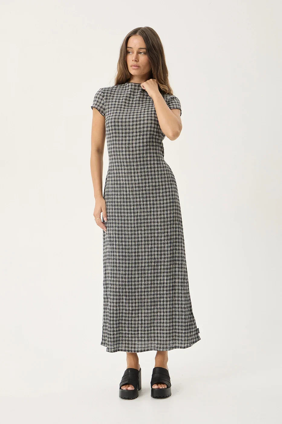 AFENDS Womens Elodie - Seersucker Midi Dress - Asta Steel Check
