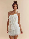 Cream One-Shoulder Tiered Mini Dress