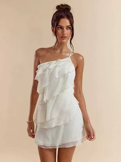 Cream One-Shoulder Tiered Mini Dress