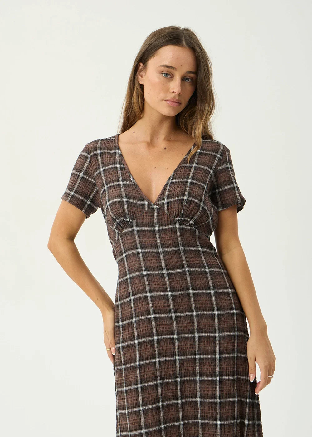 AFENDS Womens Reverie - Seersucker Maxi Dress - Coffee Check