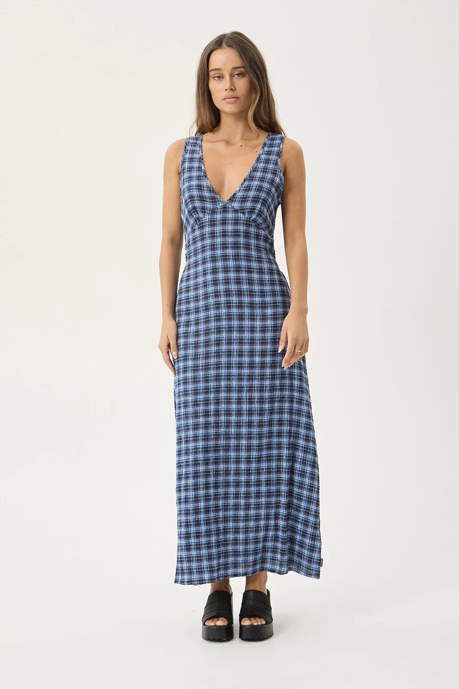 AFENDS Womens Tully - Seersucker Maxi Dress - Mountains Navy Red Check
