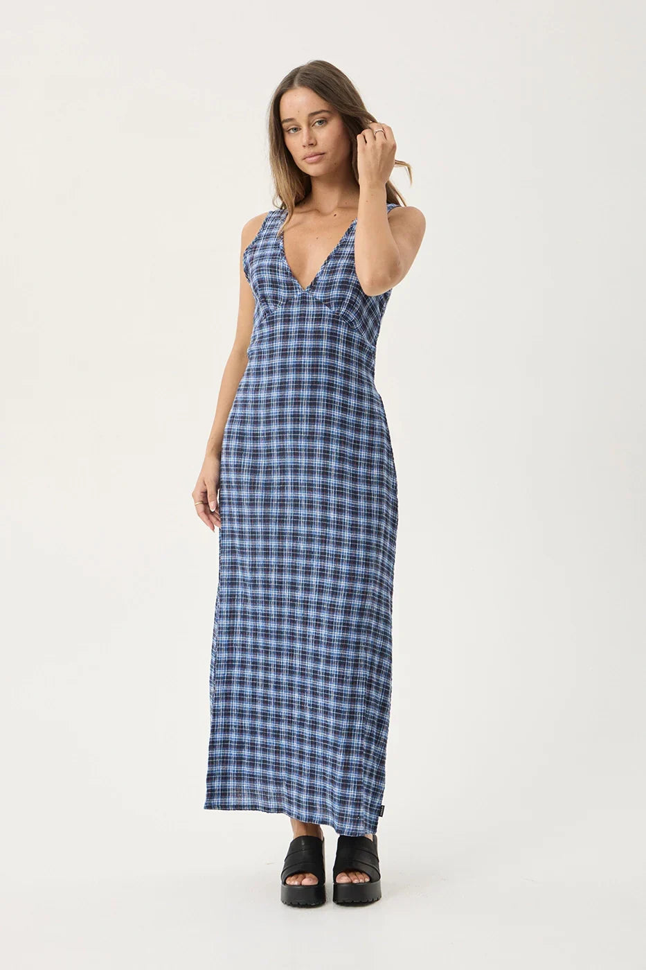 AFENDS Womens Tully - Seersucker Maxi Dress - Mountains Navy Red Check