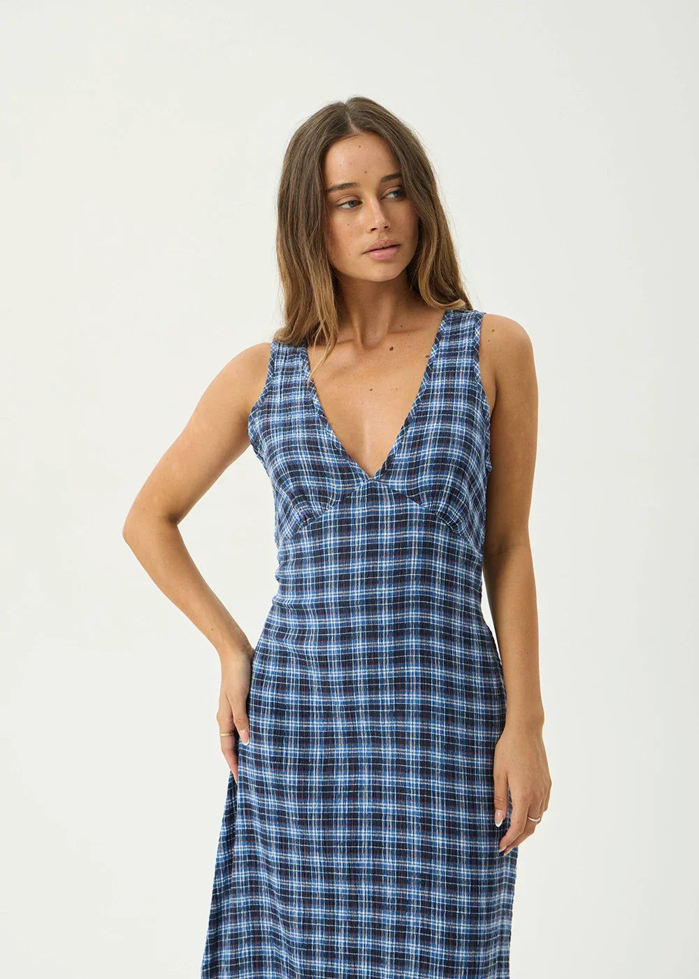 AFENDS Womens Tully - Seersucker Maxi Dress - Mountains Navy Red Check