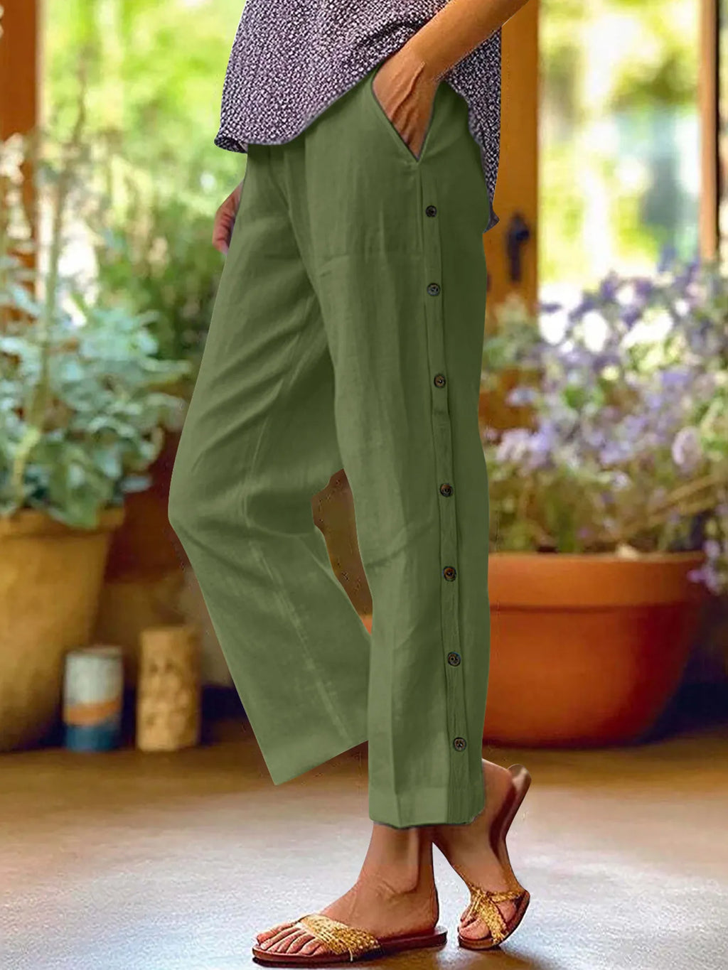 Full Size Side Decor Button Casual Wide Leg Pants Plus Size