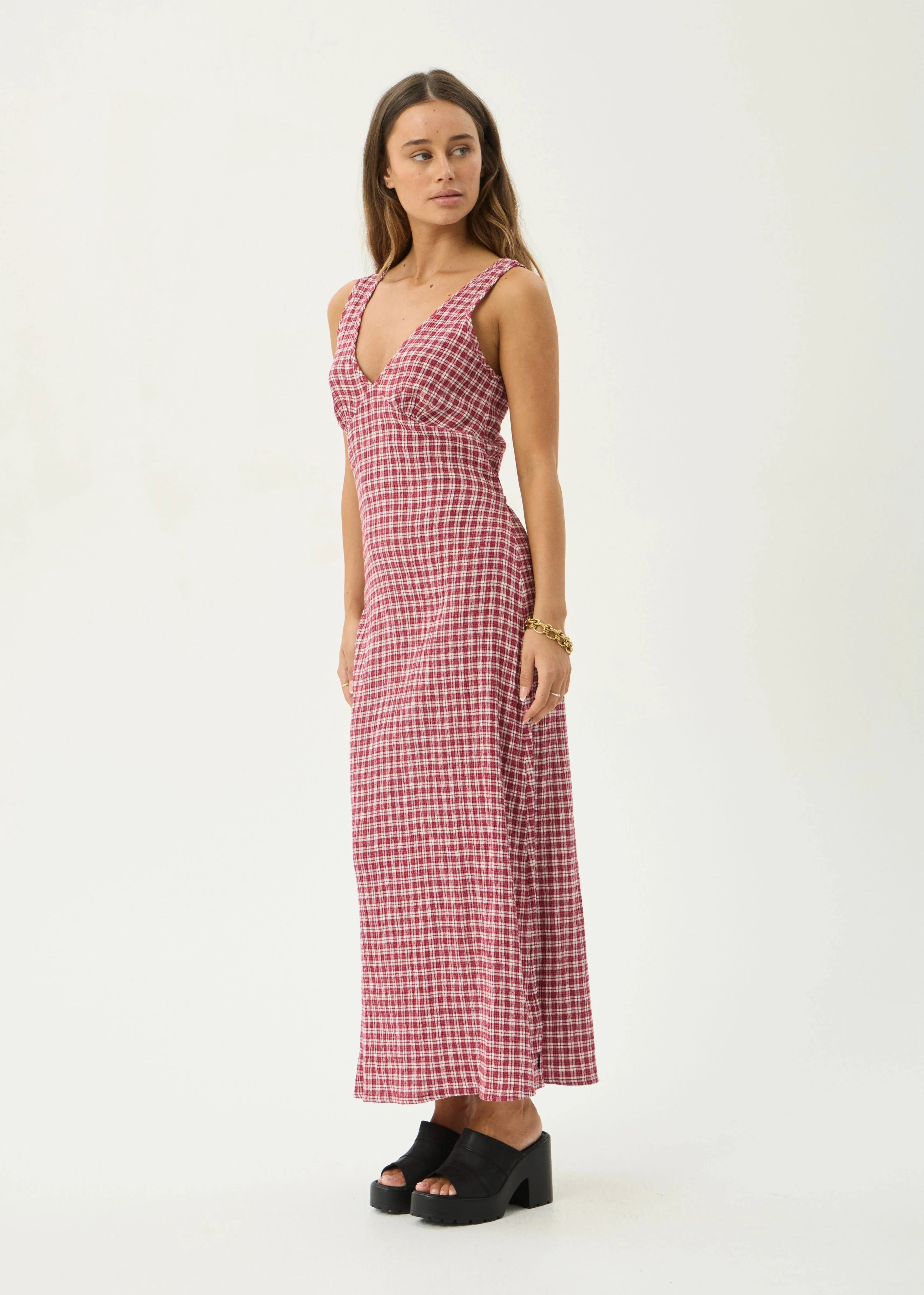AFENDS Womens Tully - Seersucker Maxi Dress - Base Burgundy Check