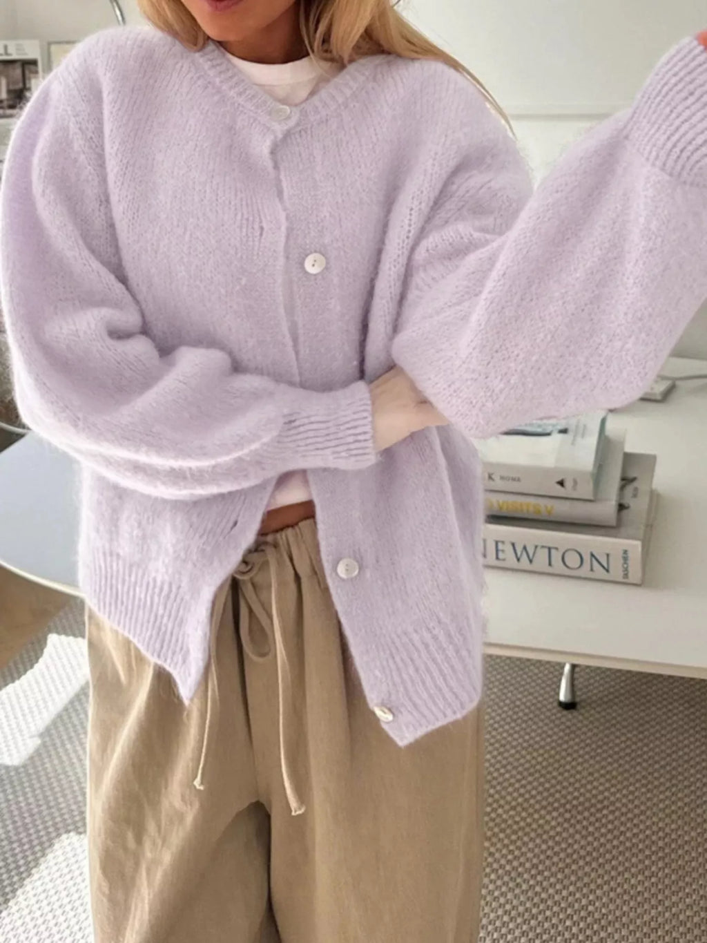 Button-Front Round Neck Cardigan