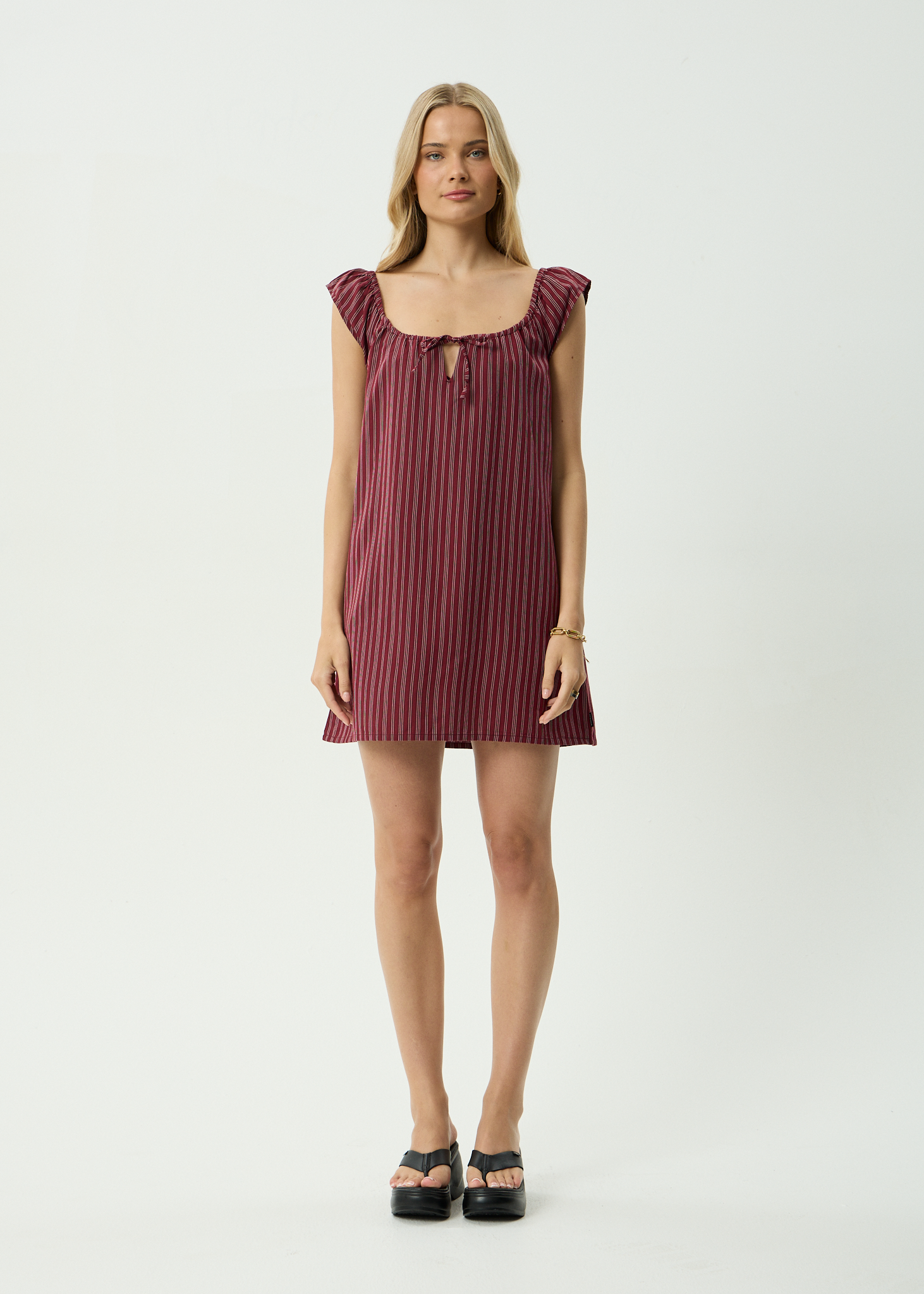 AFENDS Womens Ledger - Mini Dress - Burgundy Stripe