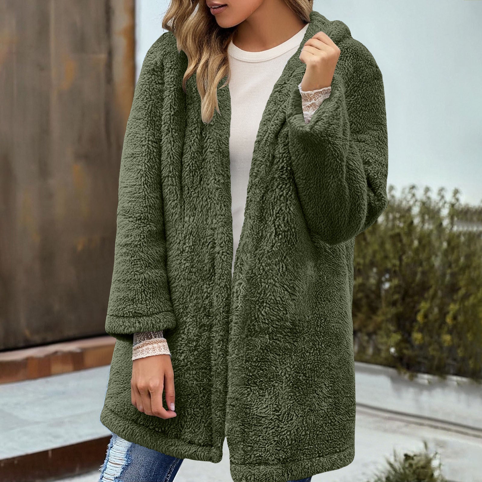 Pine Plush Hooded Cardigan Mid-length Coat Women