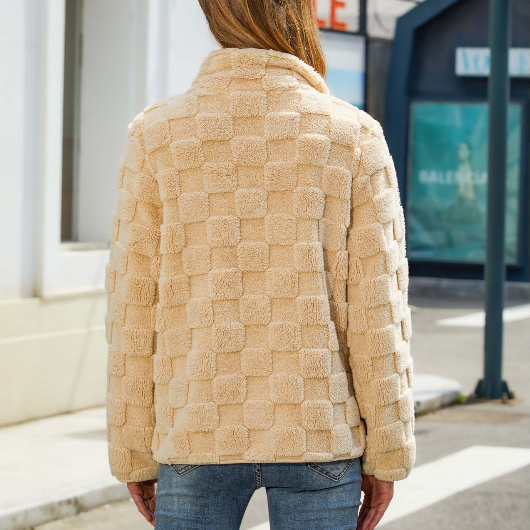 Loose Solid Color Plaid Plush Coat