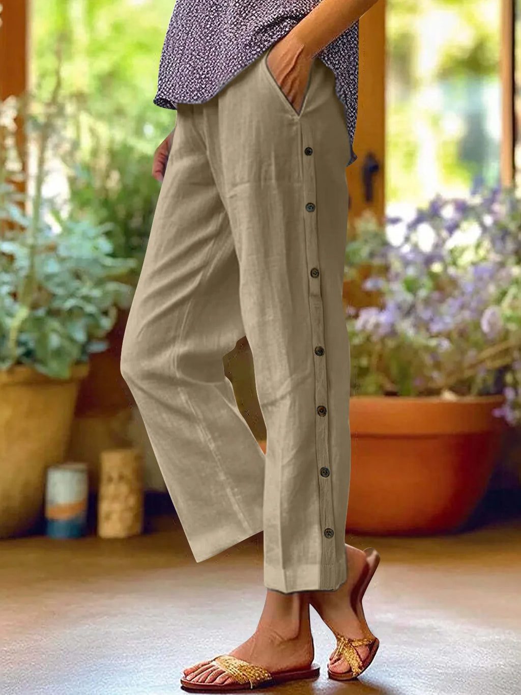 Full Size Side Decor Button Casual Wide Leg Pants Plus Size