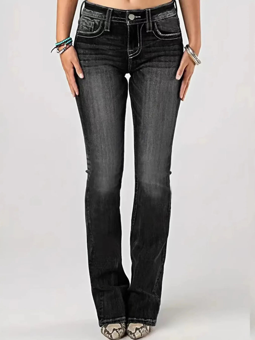 Embroidered Washed Bootcut Jeans