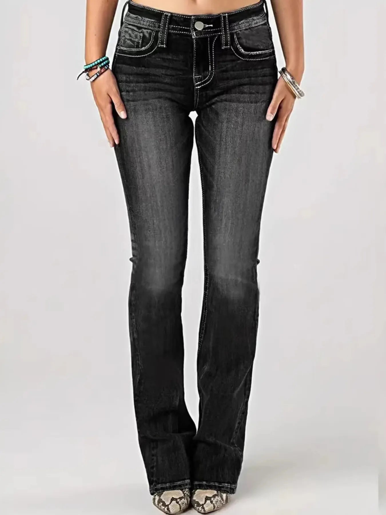 Embroidered Washed Bootcut Jeans