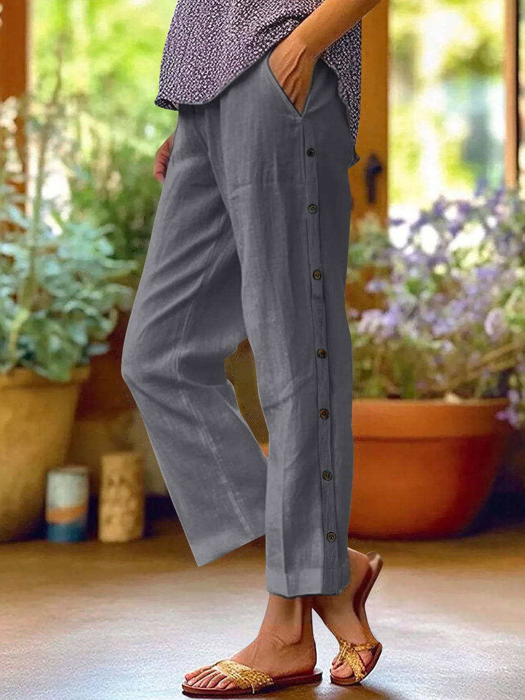Full Size Side Decor Button Casual Wide Leg Pants Plus Size