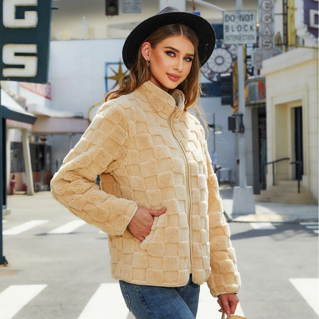 Loose Solid Color Plaid Plush Coat
