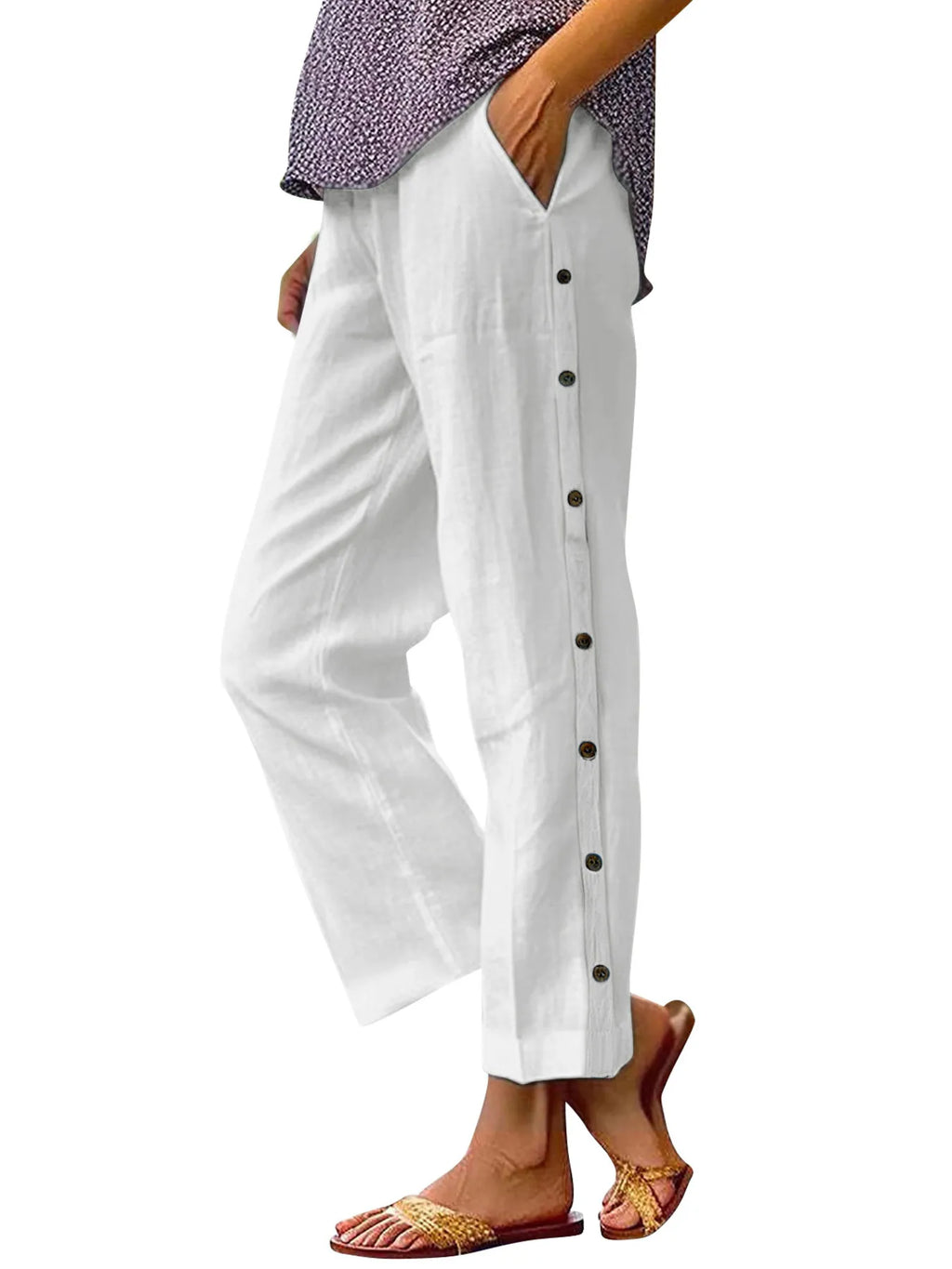 Full Size Side Decor Button Casual Wide Leg Pants Plus Size