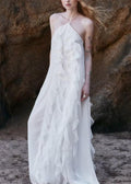 Ruffled White Up Lace Backless Maxi Chiffon Sleeveless Boho Dress