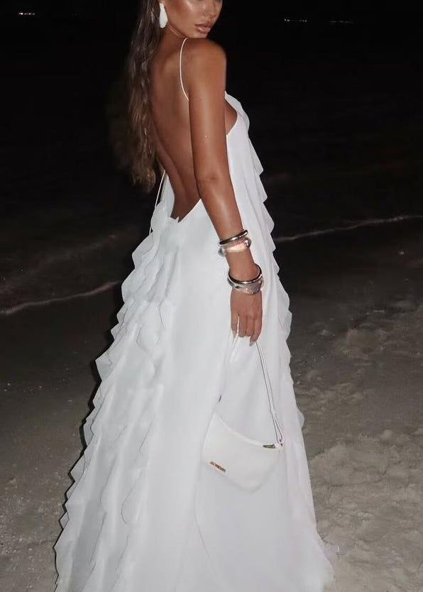 Ruffled White Up Lace Backless Maxi Chiffon Sleeveless Boho Dress