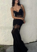Silk Summer Spaghetti Strap Lace Patchwork Dress Boutique Black