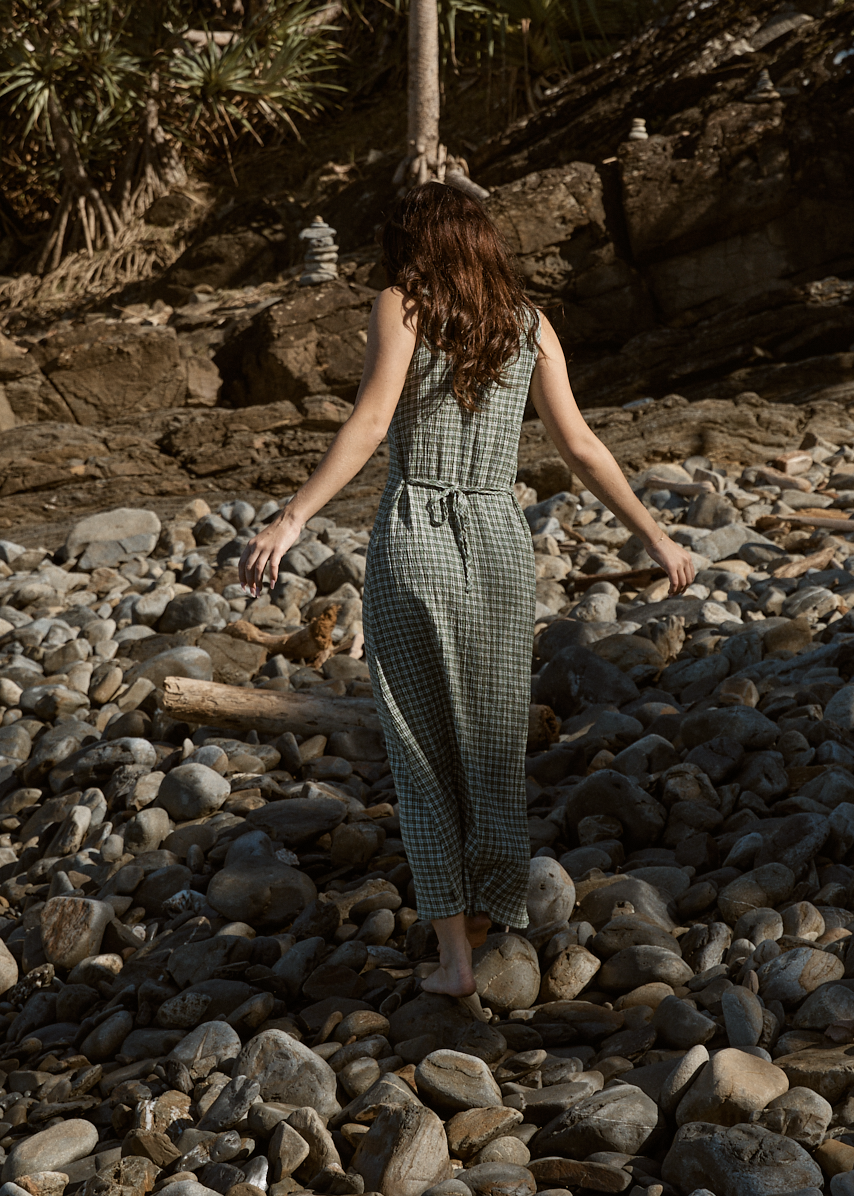 AFENDS Womens Tully - Seersucker Maxi Dress - Base Deep Green Check