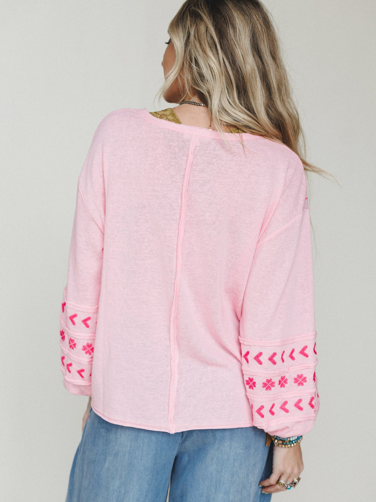 Sunset Palms Embroidered Top - Bubble Gum