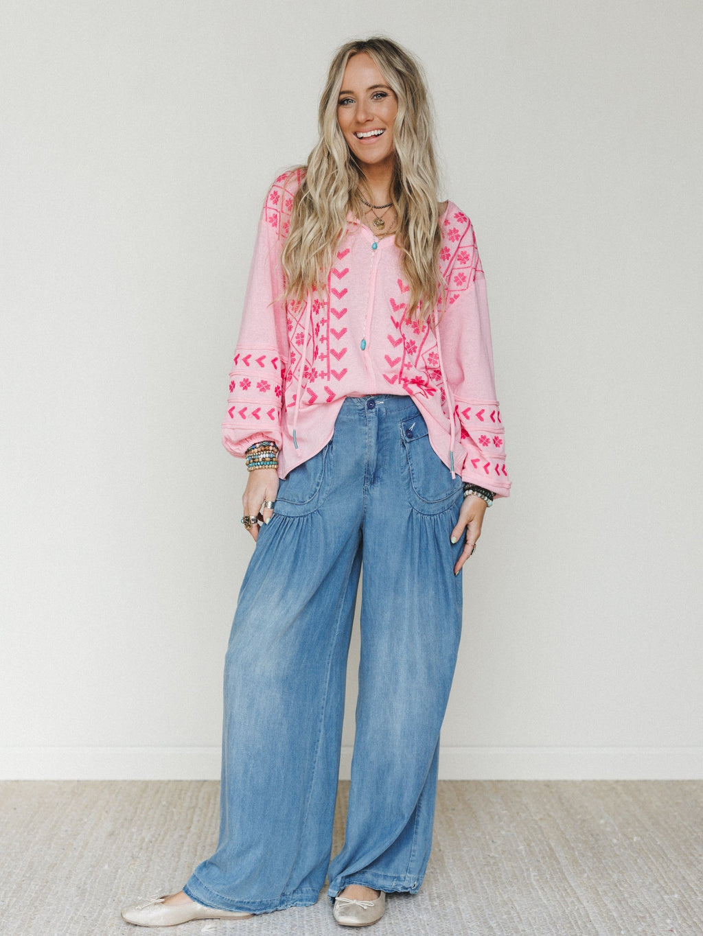 Sunset Palms Embroidered Top - Bubble Gum