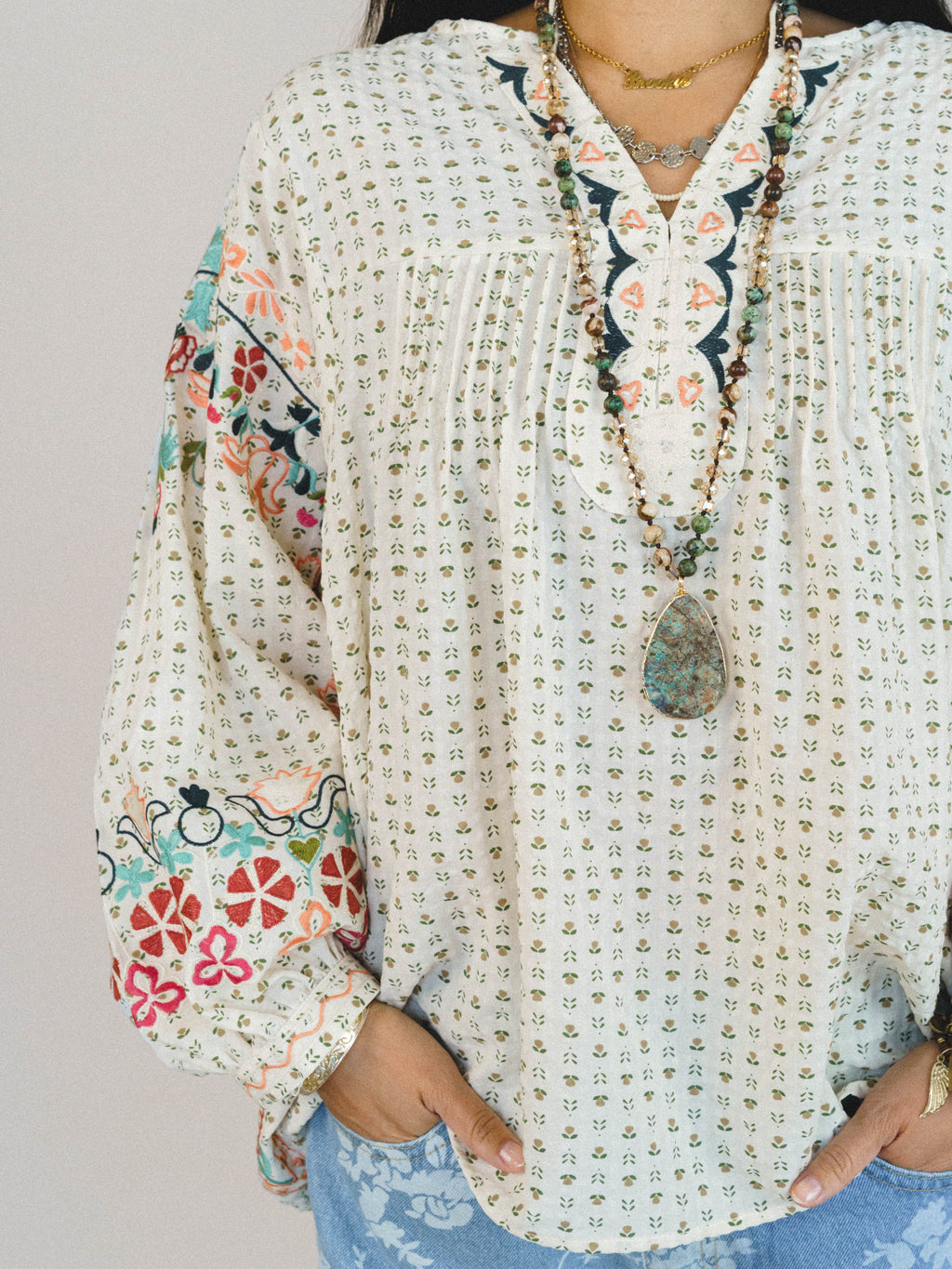 Frida Embroidered Dolman Sleeve Top - Oatmeal
