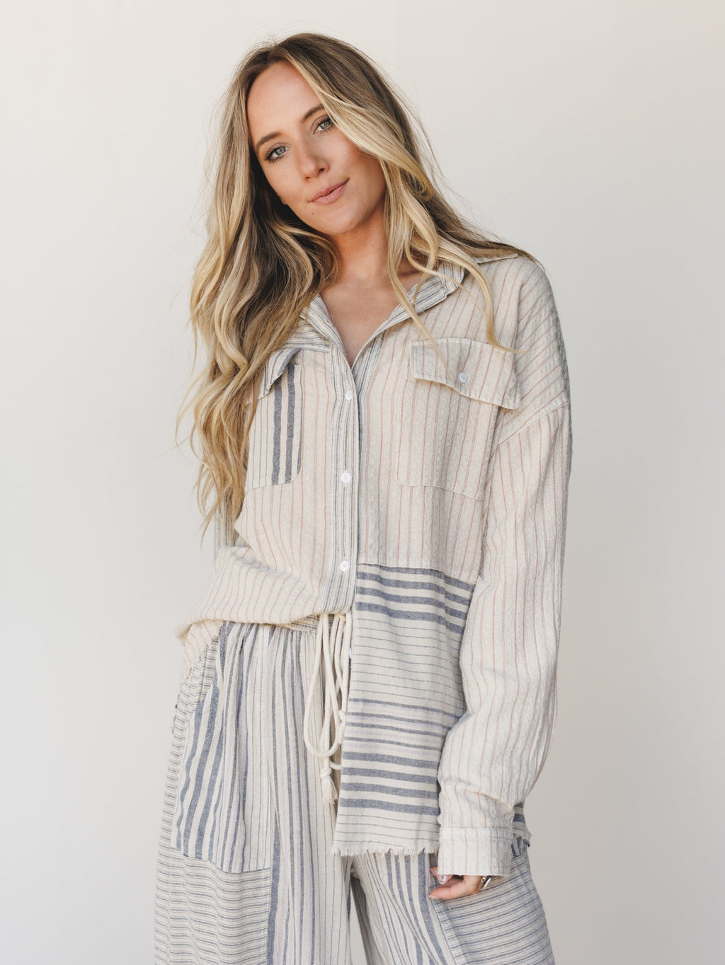 Solana Stripe Button Down Top - Faded Sage