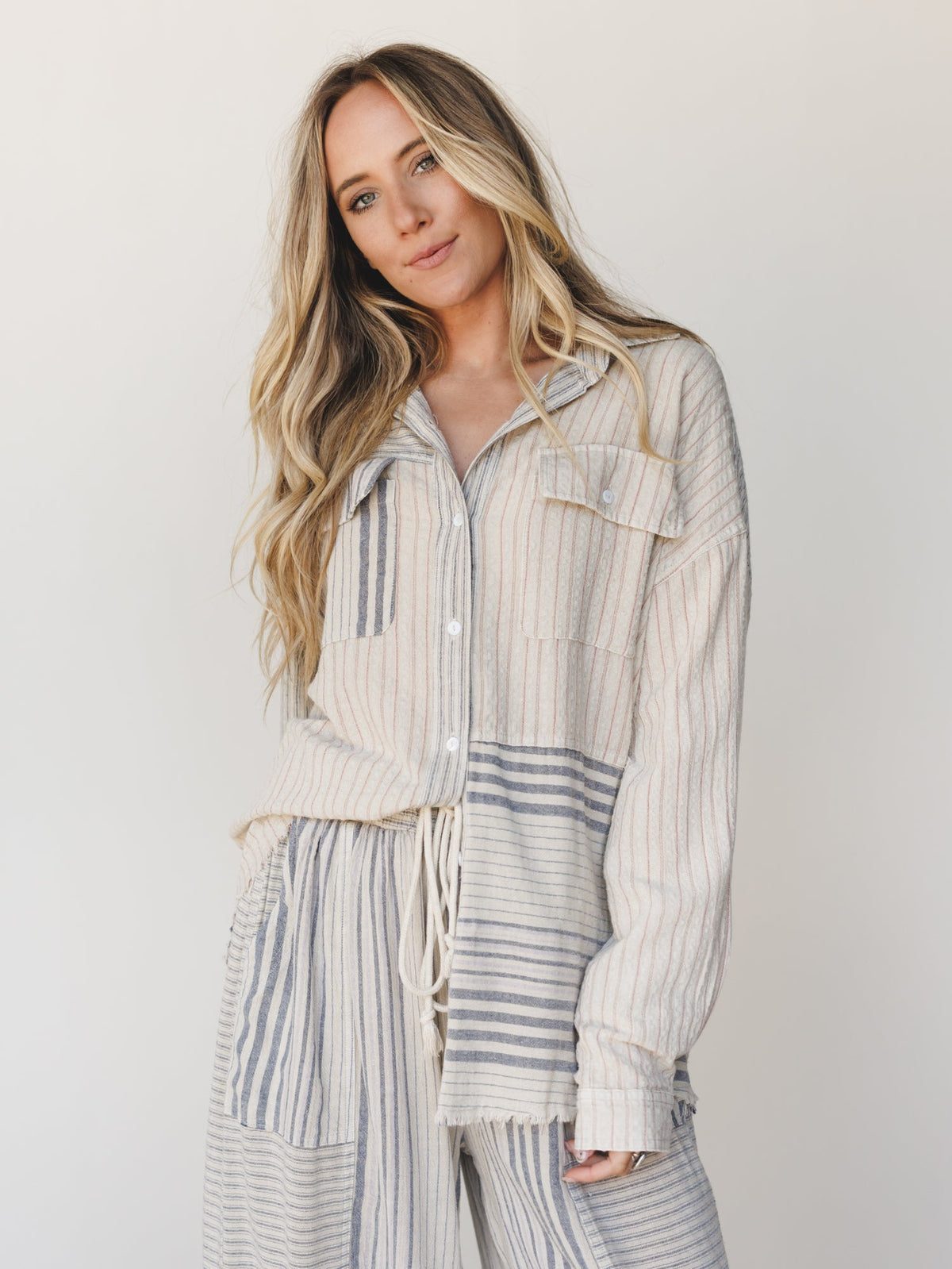 Solana Stripe Button Down Top - Faded Sage