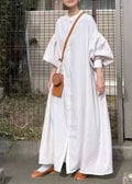 Sleeve French Oversized Cotton Lantern Shirt Dresses White
