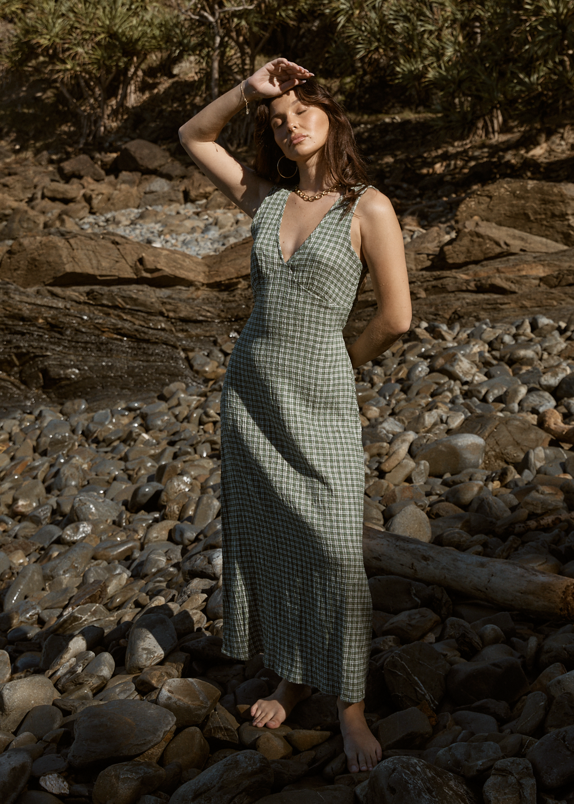 AFENDS Womens Tully - Seersucker Maxi Dress - Base Deep Green Check