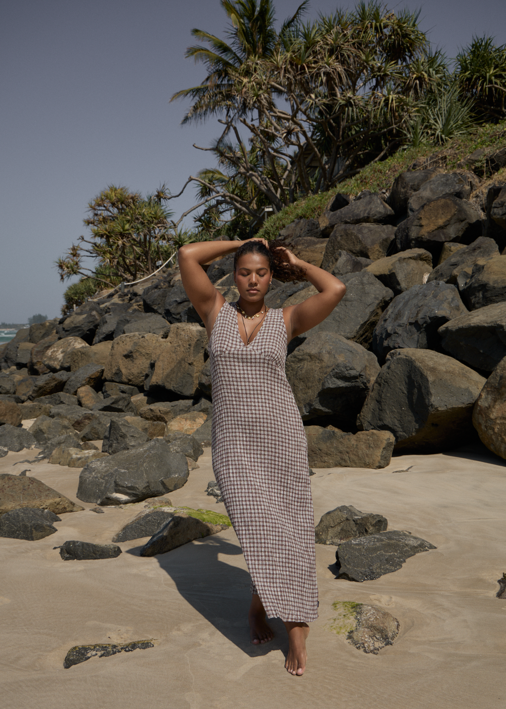 AFENDS Womens Tully - Seersucker Maxi Dress - Base Coffee Check