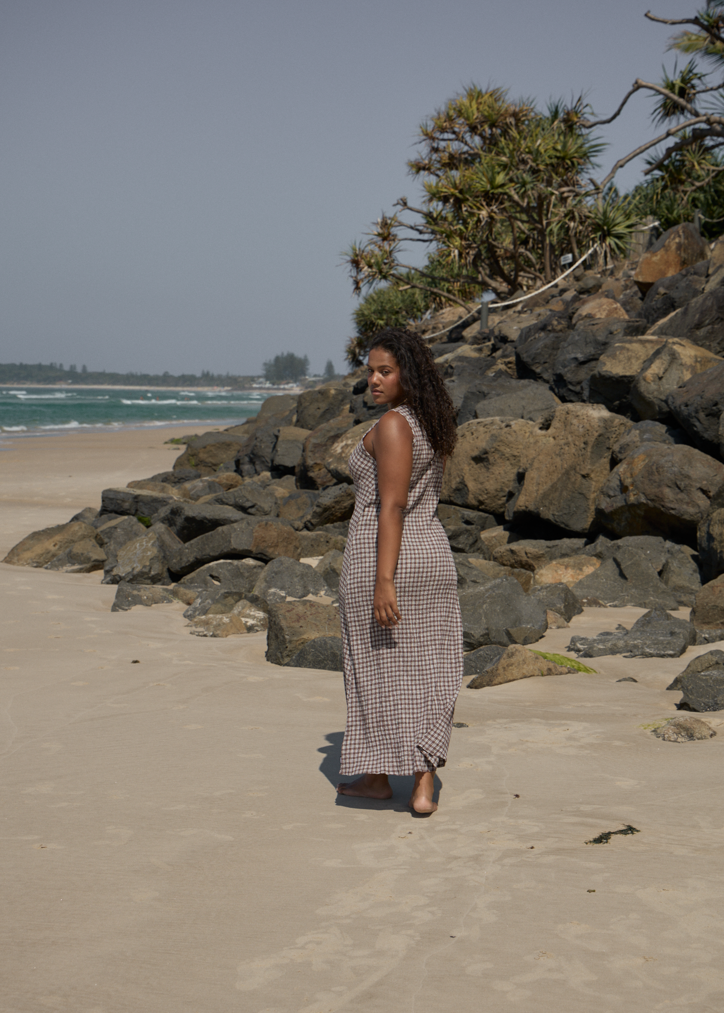 AFENDS Womens Tully - Seersucker Maxi Dress - Base Coffee Check