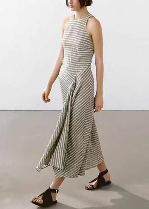 Design Neck Striped Cotton Long New Sleeveless O Dresses Original