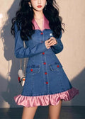 Original Design Blue Fall Wrinkled Denim Dress Mid Patchwork