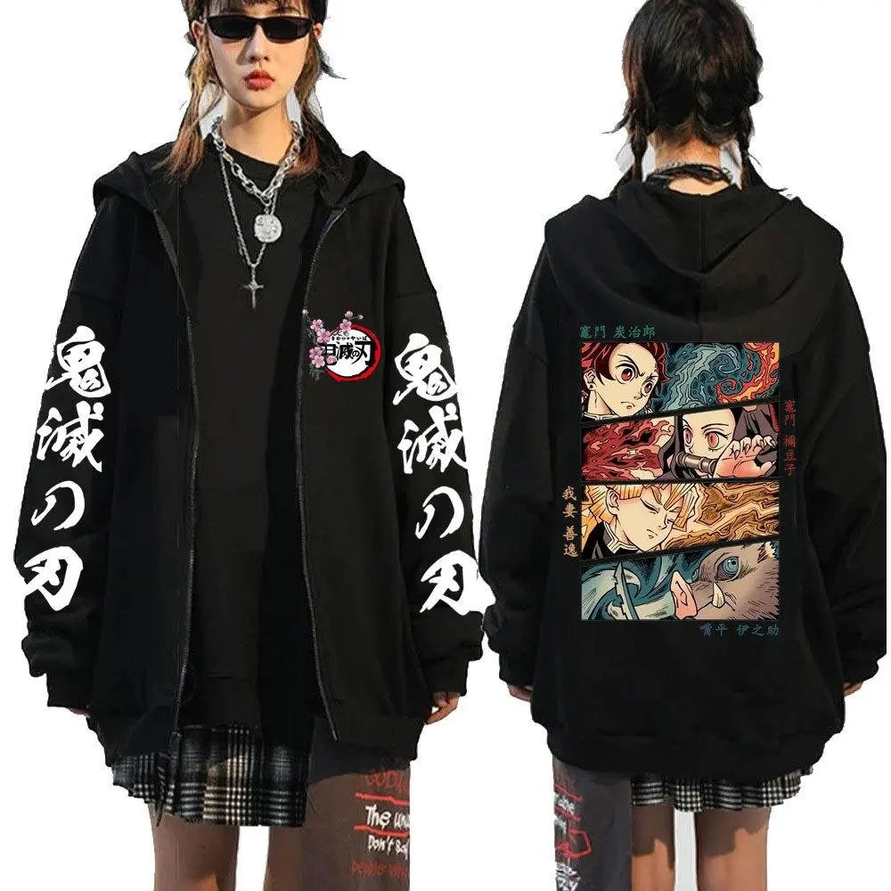 New Unisex Demon Slayer Anime Hooded Jacket Women Men Streetwear Casual Zip Up Coat Graphic Print Spring Autumn Fashion Y2k