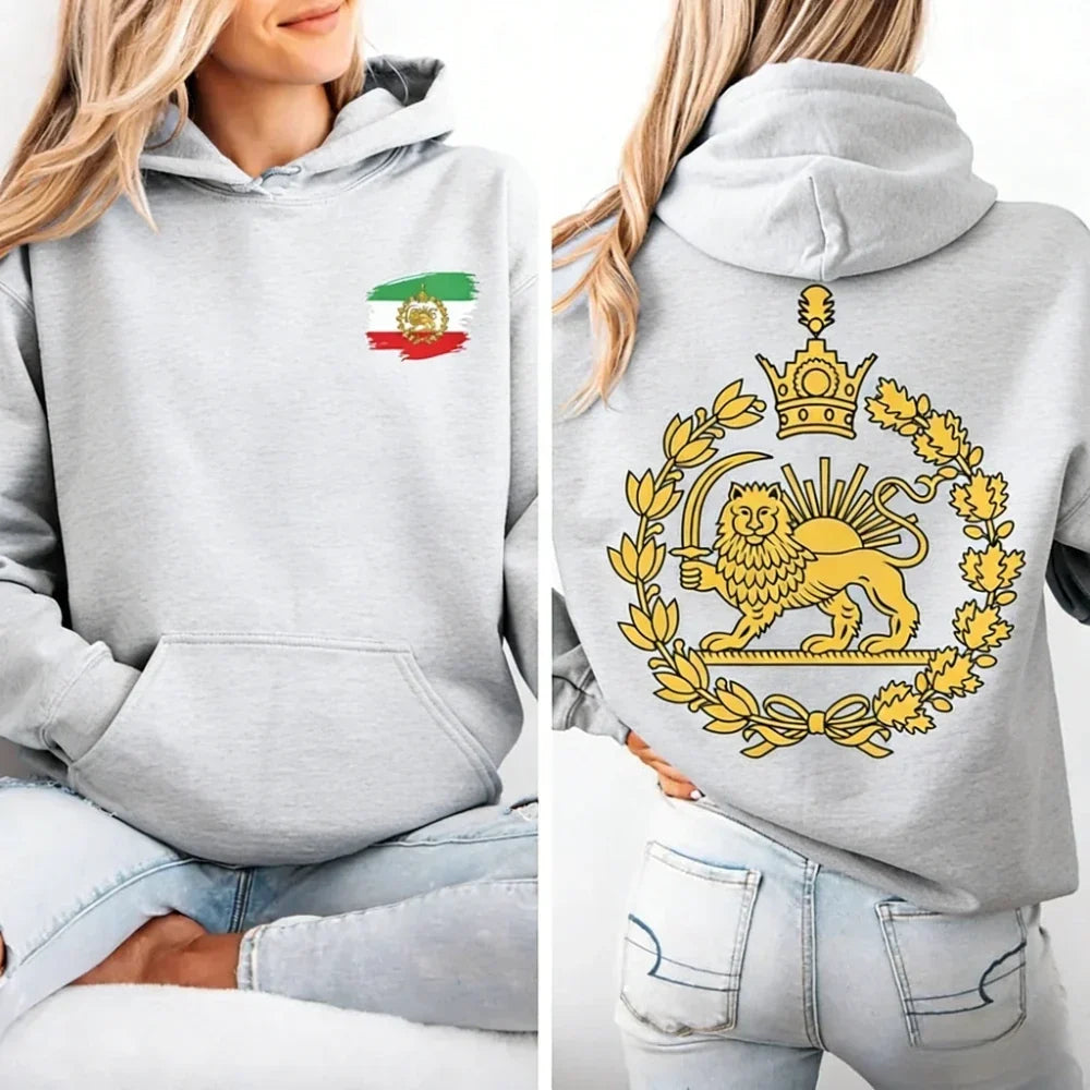 Lion and Sun Iran Hooded Tops Persian Flag Graphic Duplex Printing Clothing Shir-o-Khorshid Emblem Pullover Men Women Hoodies