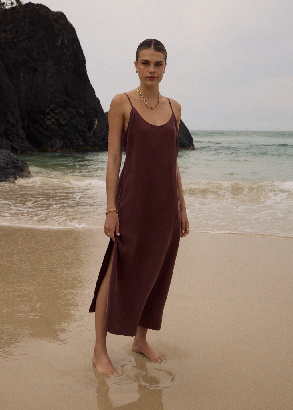 AFENDS Womens Valley - Cupro Midi Dress - Hazelnut