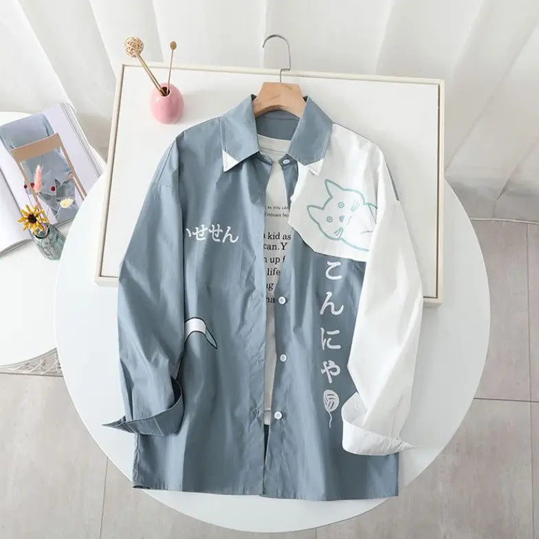 New 2025 Spring Woman Hooded Cute Shark Print Japanese Style Patchwork Teen Hoodies Jacket Fashion Harajuku Women Sweatshirt