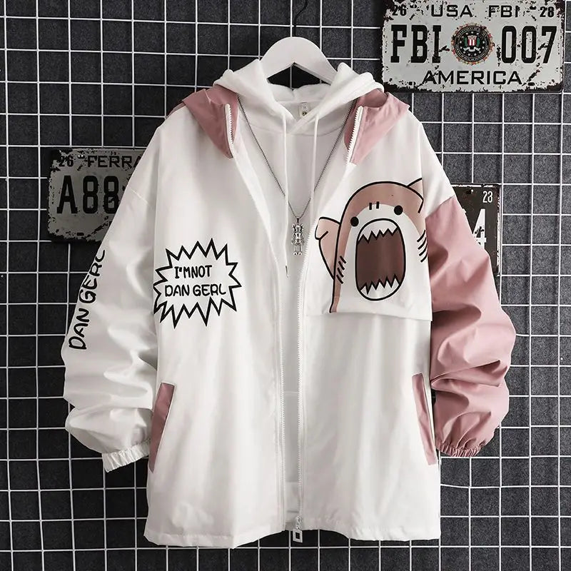 New 2025 Spring Woman Hooded Cute Shark Print Japanese Style Patchwork Teen Hoodies Jacket Fashion Harajuku Women Sweatshirt