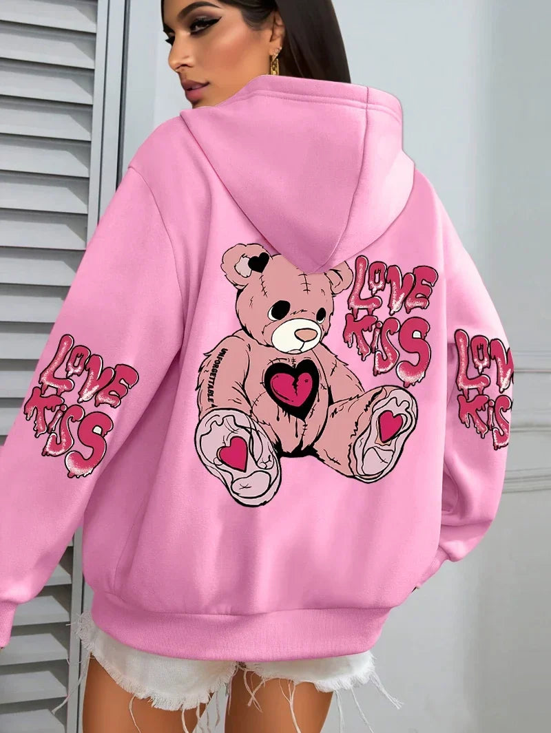 Pink Love Kiss Art Letter Prints Hoodies Women Pocket Autumn Hoody Fleece Multicolor Streetwear Unisex Hip Hop Y2K Clothing