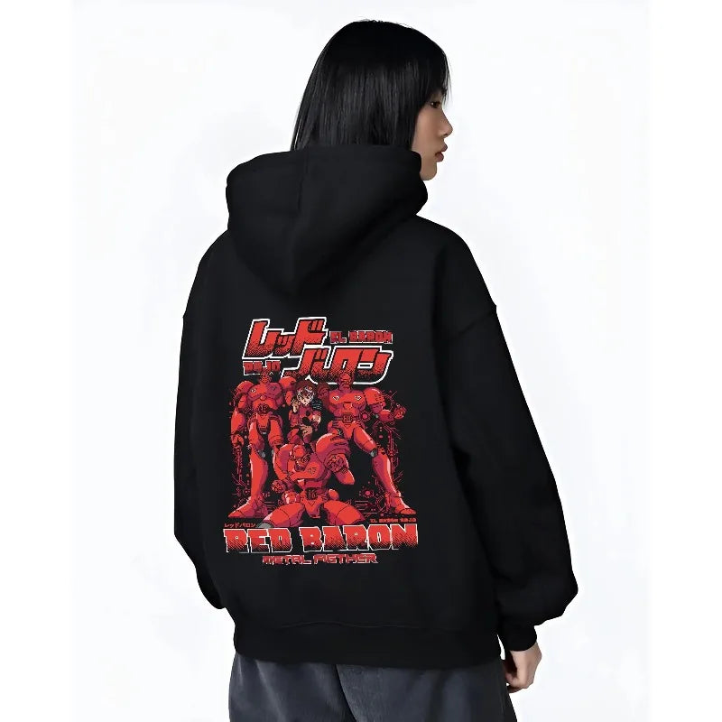 Men's Autumn Winter Hoodies Japanese Anime Gundam Red Baron Mecha Print Hooded Sweatshirt Y2K Oversized Cotton Man's Casualwear