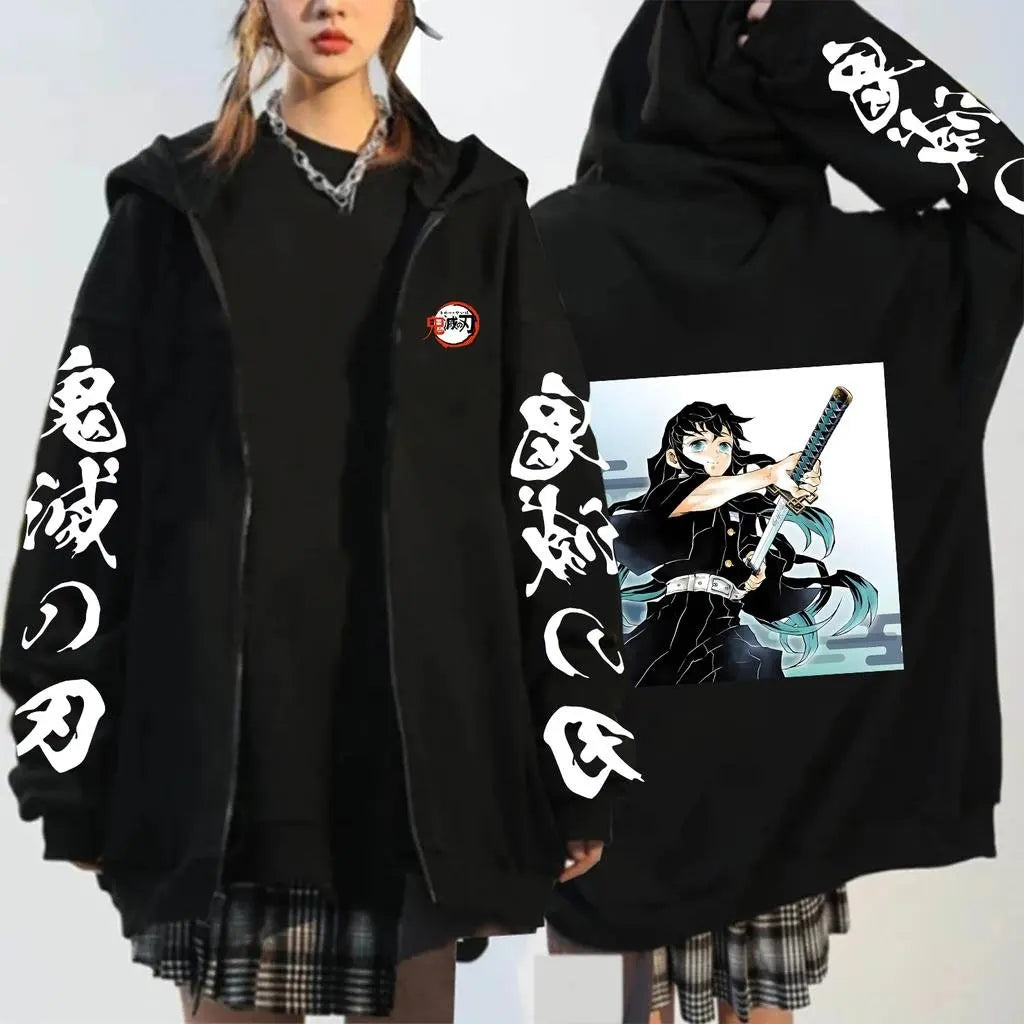 New Unisex Demon Slayer Anime Hooded Jacket Women Men Streetwear Casual Zip Up Coat Graphic Print Spring Autumn Fashion Y2k